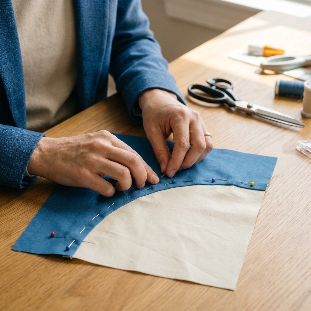A Drunkard’s Path curved seam pinned with the ends and midpoint matched, showing evenly spaced pins along the curve