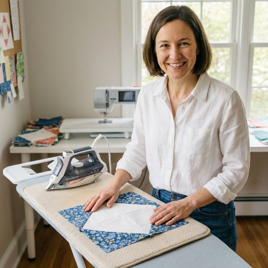 A Snowball quilt block on an ironing board with all four corners flipped open and pressed flat, iron resting nearby
