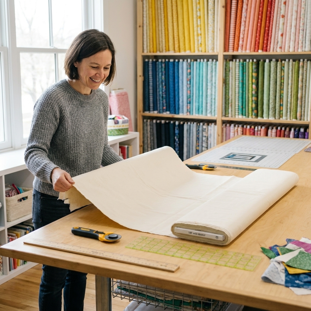 A bolt of 108-inch wide quilt backing fabric unrolled across a long cutting table in a sewing studio