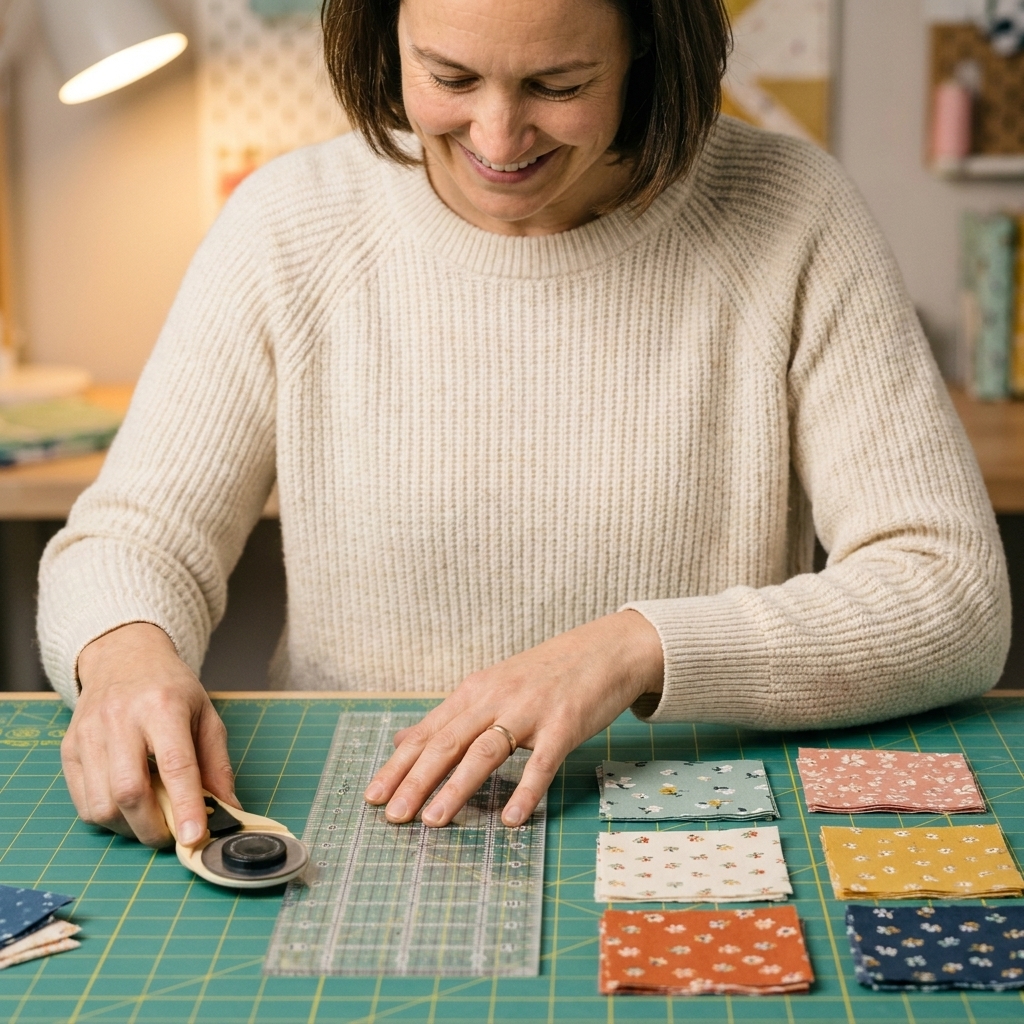 A clear acrylic quilting ruler and rotary cutter resting on a cutting mat with neatly cut fabric squares