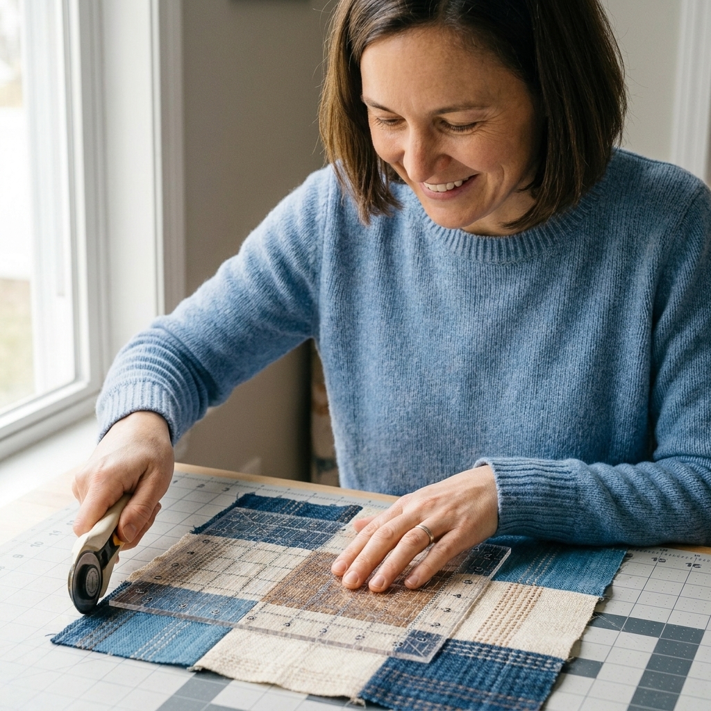 A clear square quilting ruler placed over a woven fabric quilt block while a rotary cutter trims the edges for accuracy