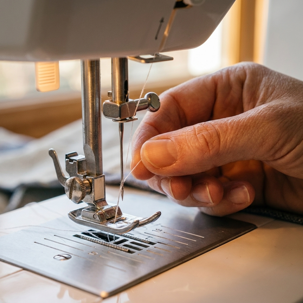 A close photo of hands threading a sewing machine needle with light thread, showing the presser foot and needle plate clearly