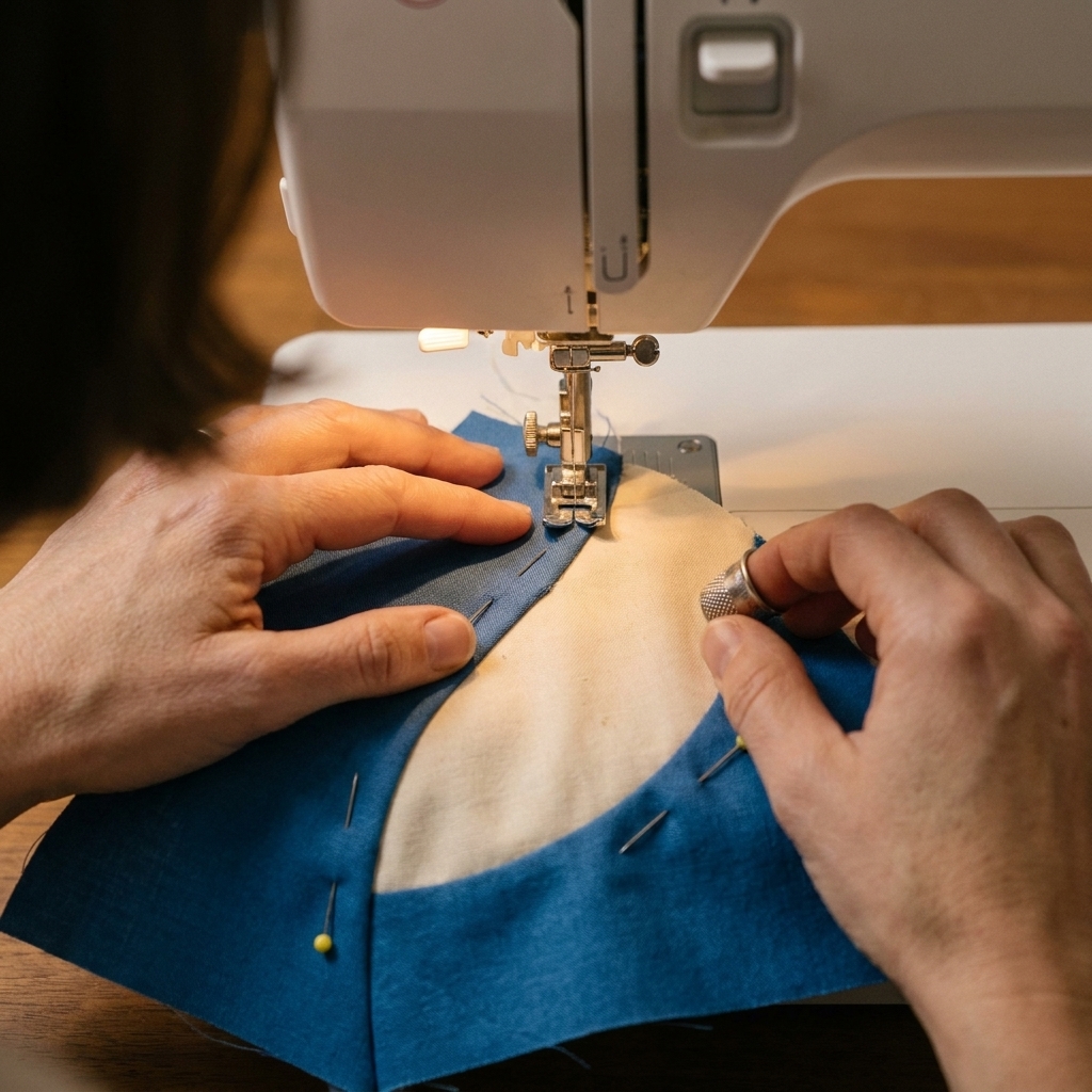 A close-up of a sewing machine needle stitching a curved seam on a Drunkard’s Path unit with pinned fabric being gently guided by hand
