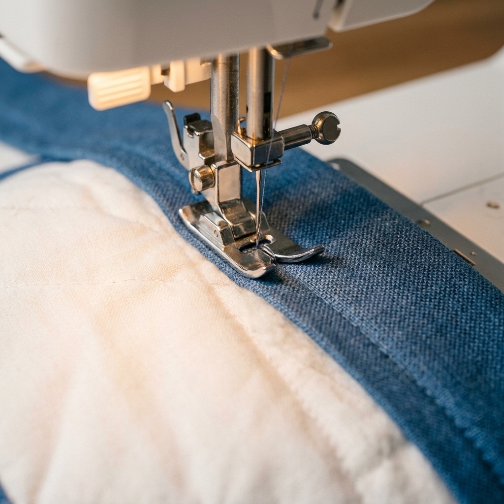 A close-up of a sewing machine needle stitching in the seam between quilt binding and the quilt top, with the presser foot guiding the edge