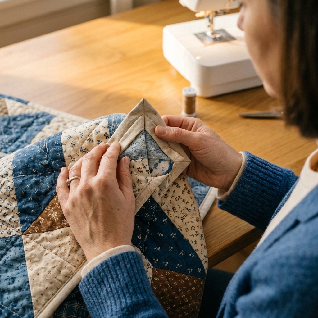 A close-up photo of a quilt corner with binding folded into a neat miter before stitching