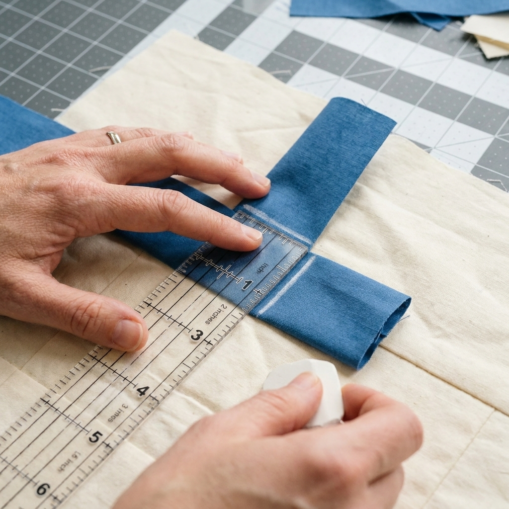 A close-up photo of a quilting ruler measuring 2.5 inches along an overlapped binding tail, with a chalk mark indicating where to trim