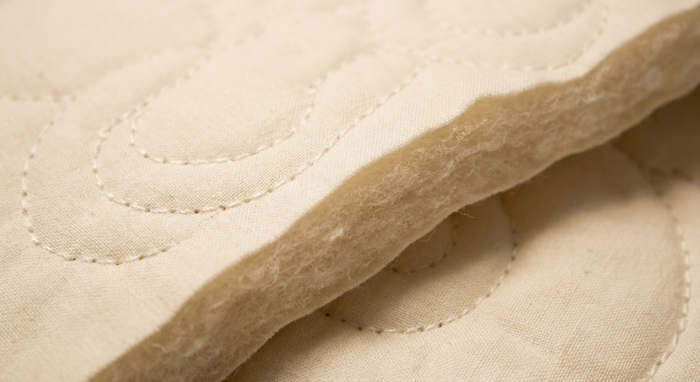 A close-up photo of machine quilting stitches on a quilt sandwich, showing even stitch length and textured batting underneath