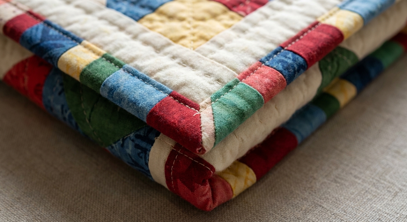 A close-up photo of the corner of a quilt showing a neatly mitered multicolored scrappy binding wrapping around the edge
