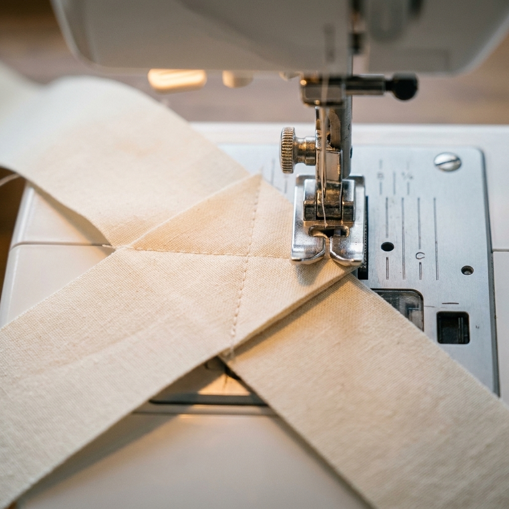 A close-up photo of two fabric binding strips positioned at right angles under a sewing machine needle, ready for a diagonal seam