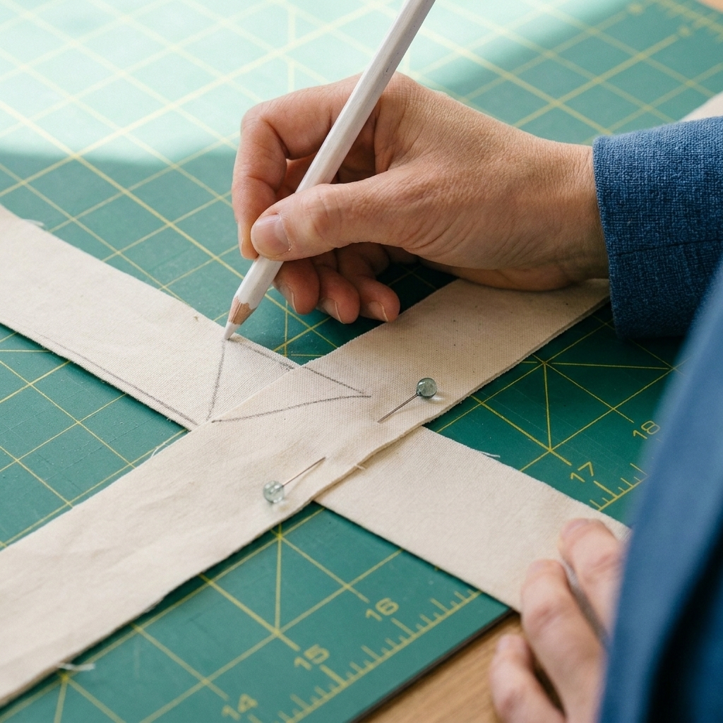 A close-up photograph of a diagonal chalk line drawn across overlapped binding ends, with the strips pinned in place on a cutting mat