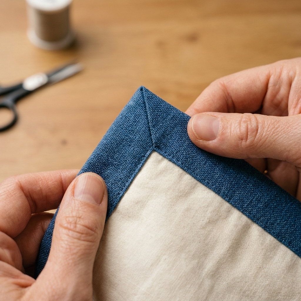 A close-up photograph of a finished diagonal seam on quilt binding pressed flat, with the binding refolded and lying smoothly against the quilt edge