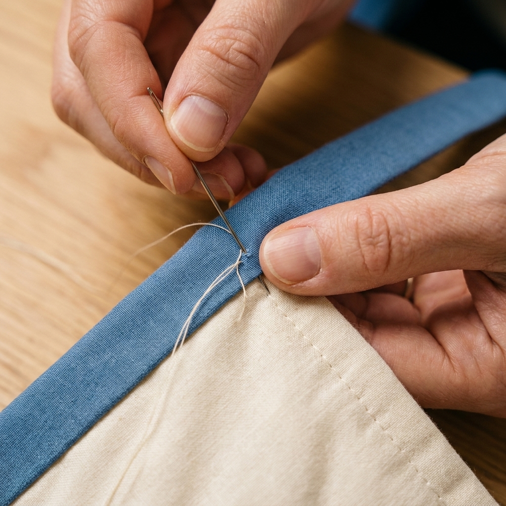 A close-up photograph of a needle making a blind stitch on quilt binding, catching a tiny bite of backing fabric before sliding into the folded binding edge