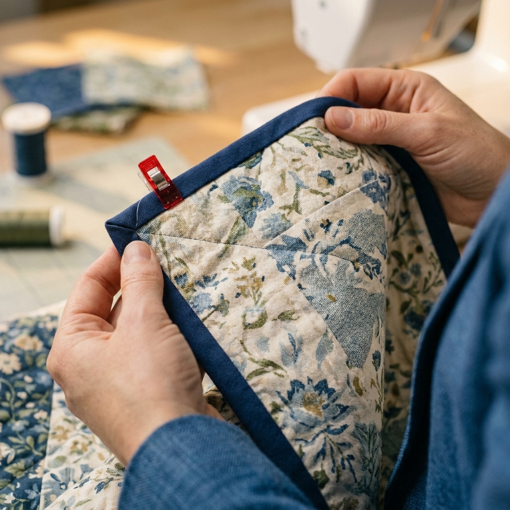 A close-up photograph of a quilt back showing a neatly folded mitered binding corner held in place with a small clip, ready for hand stitching