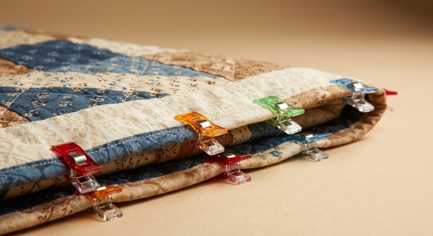 A close-up photograph of a quilt edge with binding folded to the back and held in place with several wonder clips