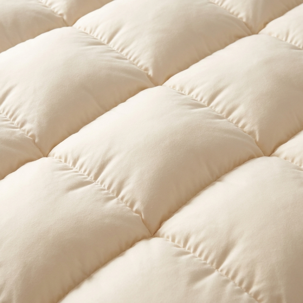 A close-up photograph of a quilted section with very puffy loft and deep quilting grooves, showing the springy texture typical of high-loft polyester batting