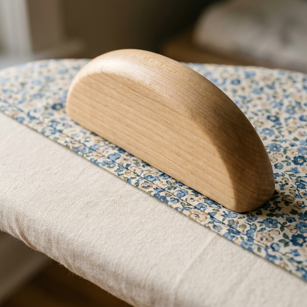 A close-up photograph of a wooden clapper resting on a freshly pressed quilting cotton seam on an ironing board