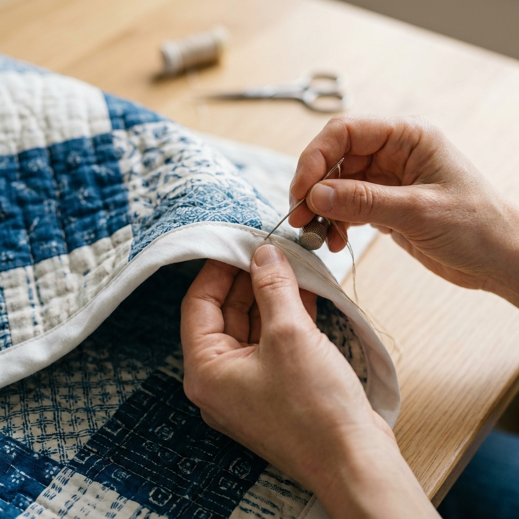A close-up photograph of hands hand-stitching the folded bias binding to the back of a quilt along a smooth curved edge using a needle and neutral thread