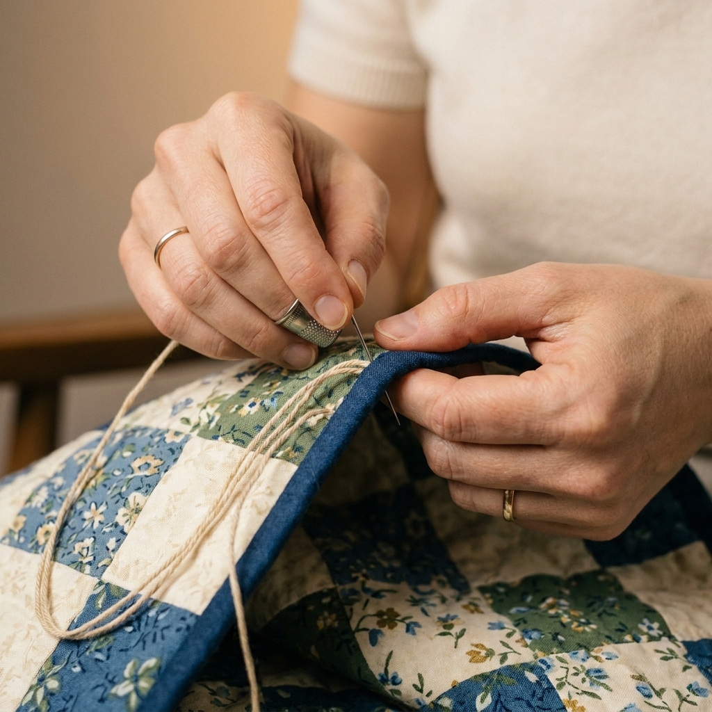 A close-up photograph of hands stitching a quilt binding by hand with thick perle cotton thread and a sharp needle
