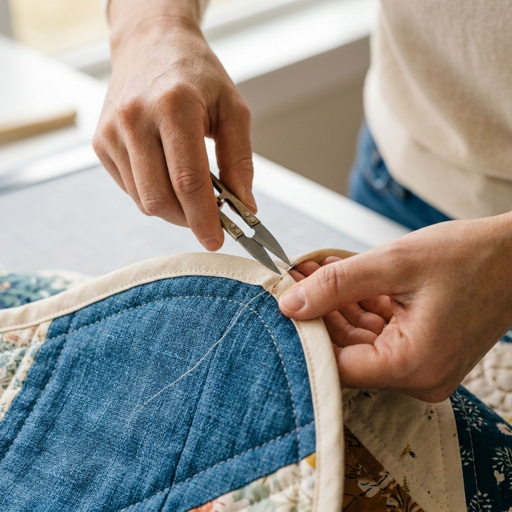 A close-up photograph of small scissors clipping into the seam allowance along a curved quilt edge where bias binding has been sewn on
