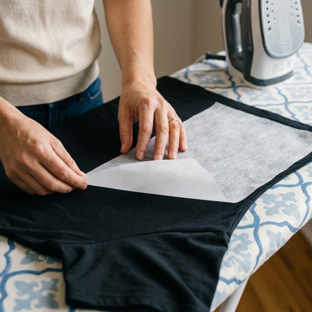 A close view of a black T-shirt panel on an ironing board with a sheet of lightweight fusible tricot interfacing positioned on the wrong side, ready to be pressed