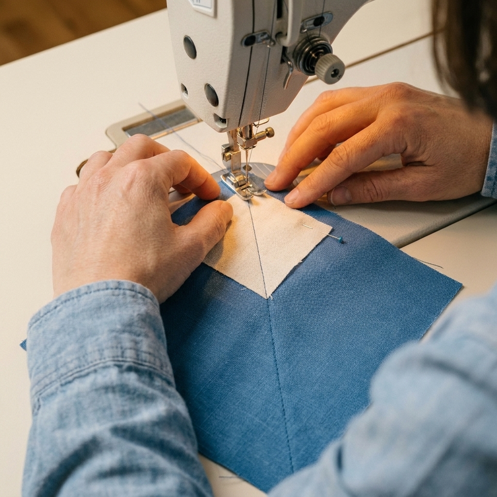 A close view of a diagonal seam being sewn across a small square placed on the corner of a larger square, needle mid-stitch
