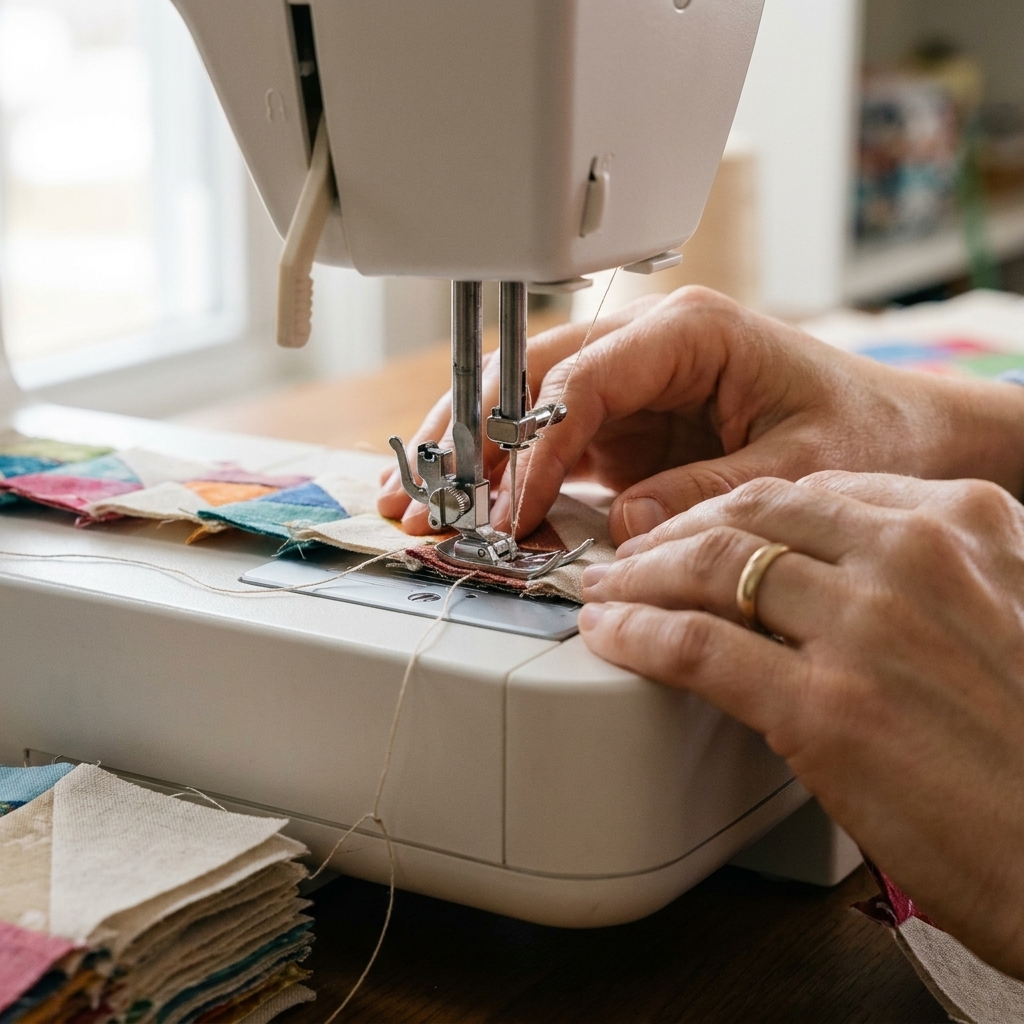 A close view of a sewing machine threaded with a neutral cotton thread, with a quarter-inch presser foot and a chain of pieced fabric units feeding under the needle
