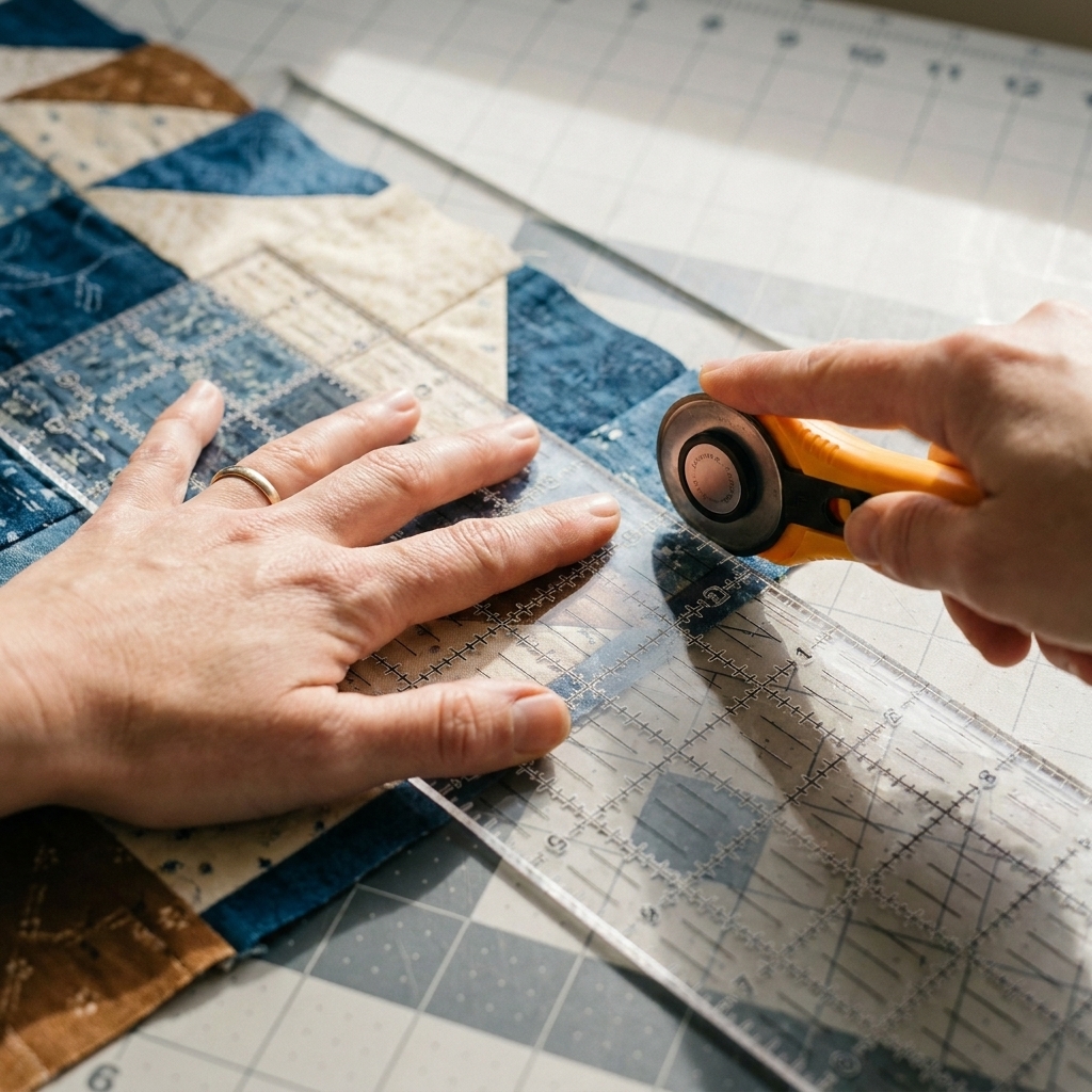 A close view of hands holding a clear acrylic ruler on a quilt edge while a rotary cutter is positioned to trim along the ruler