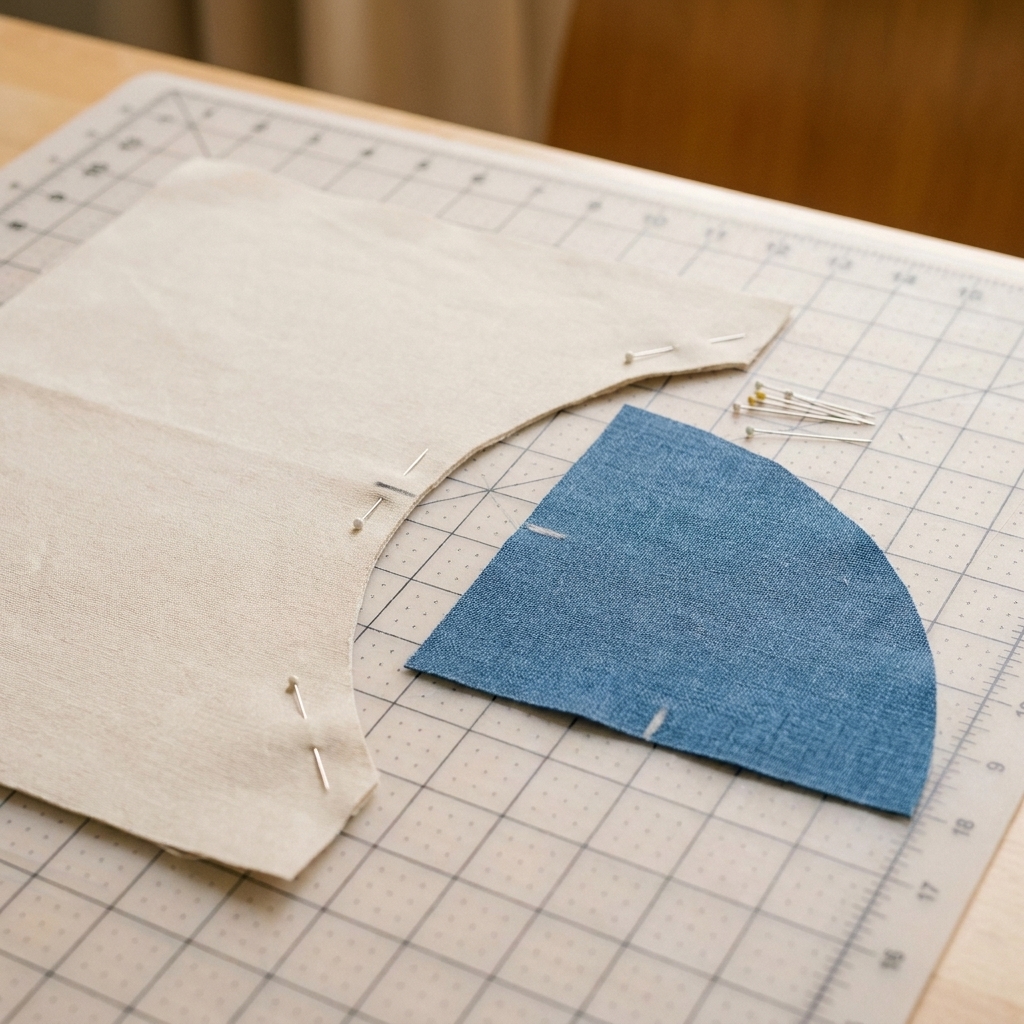 A concave background piece and a convex quarter-circle piece with small midpoint marks on the curved edges, ready to be pinned