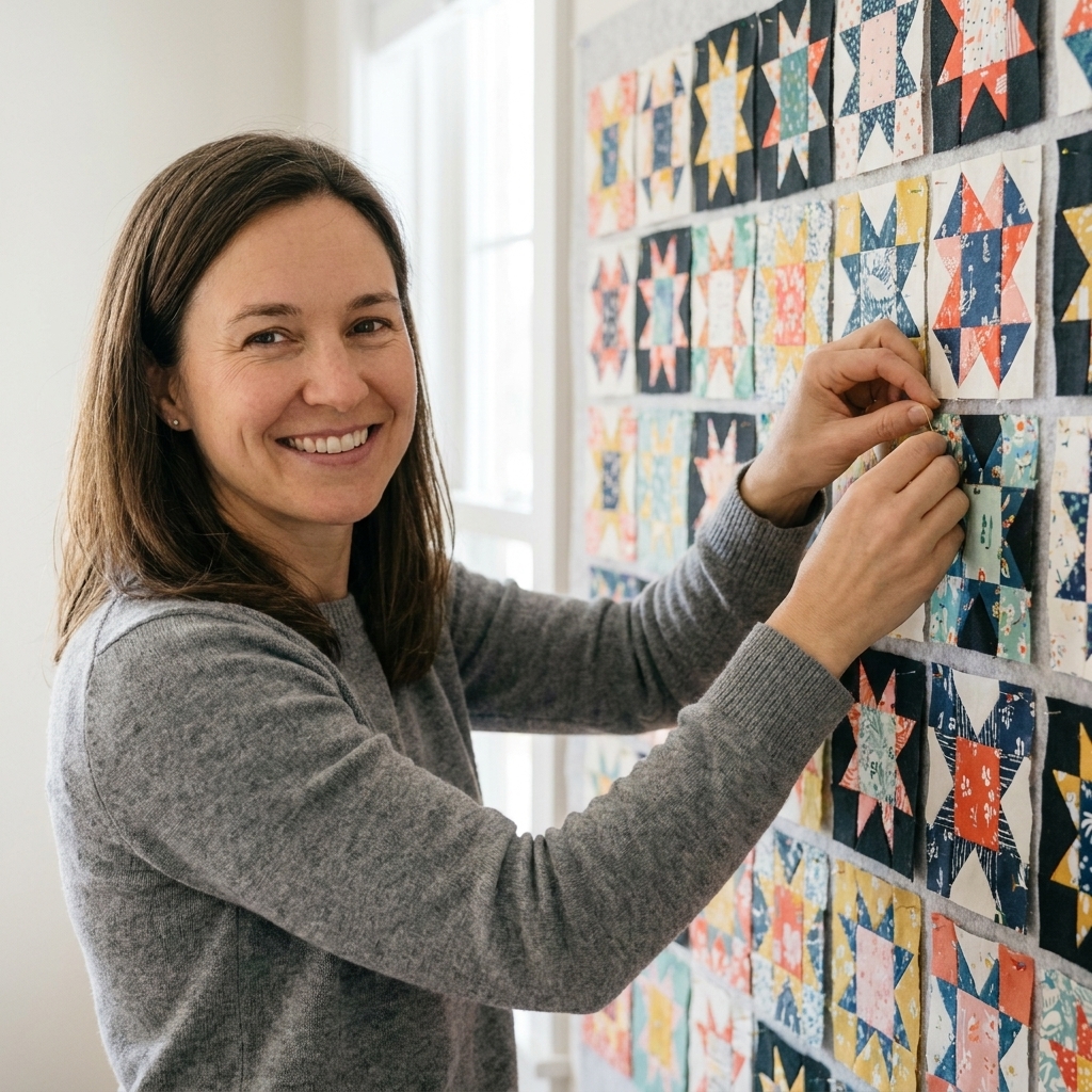 A design wall with colorful scrappy quilt blocks pinned in a grid, showing a mix of prints with clear light and dark contrast repeated across the layout