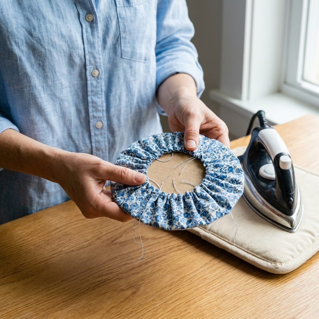 A fabric circle with a hand running stitch gathered around the edge over a round template, ready to be pressed into a smooth turned edge