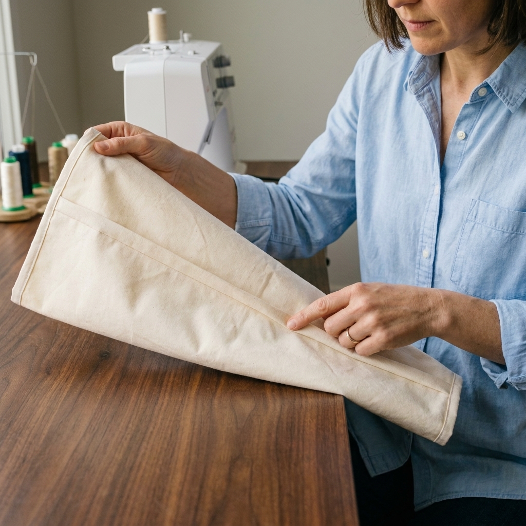 A fabric tube pressed flat with the seam slightly above the bottom fold, showing the subtle extra fabric fold that helps the quilt hang smoothly