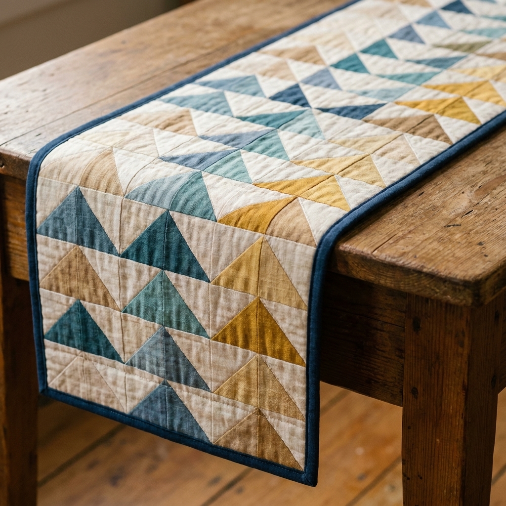 A finished flying geese quilted table runner on a wooden table, showing a clean zigzag pattern and neatly bound edges.