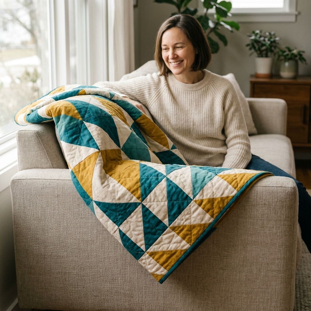 A finished modern baby quilt with bold geometric shapes in teal, mustard, and cream draped over the arm of a neutral sofa in natural window light