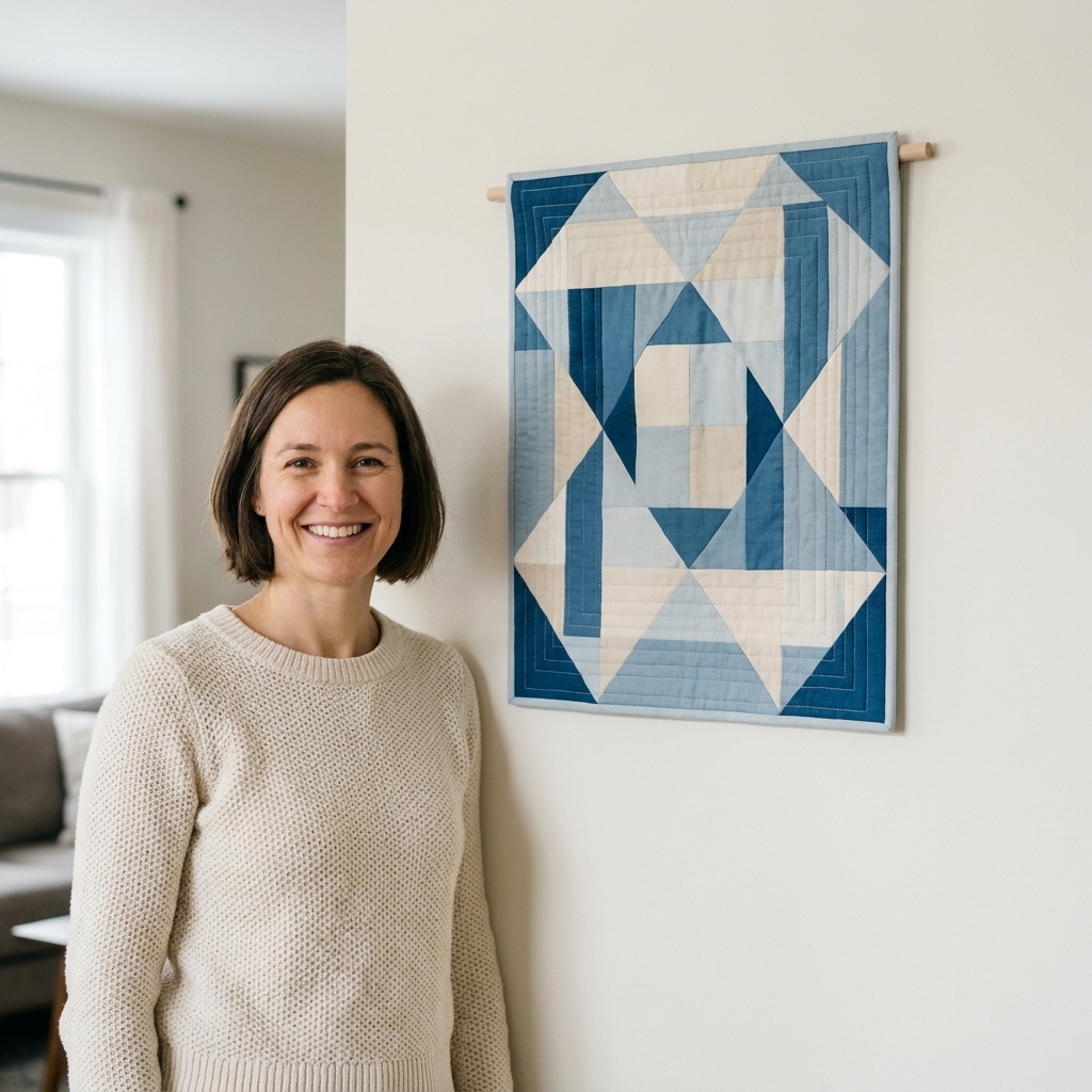 A finished modern mini quilt hanging on a wall with a smooth, clean edge and no visible binding on the front, photographed in soft natural light