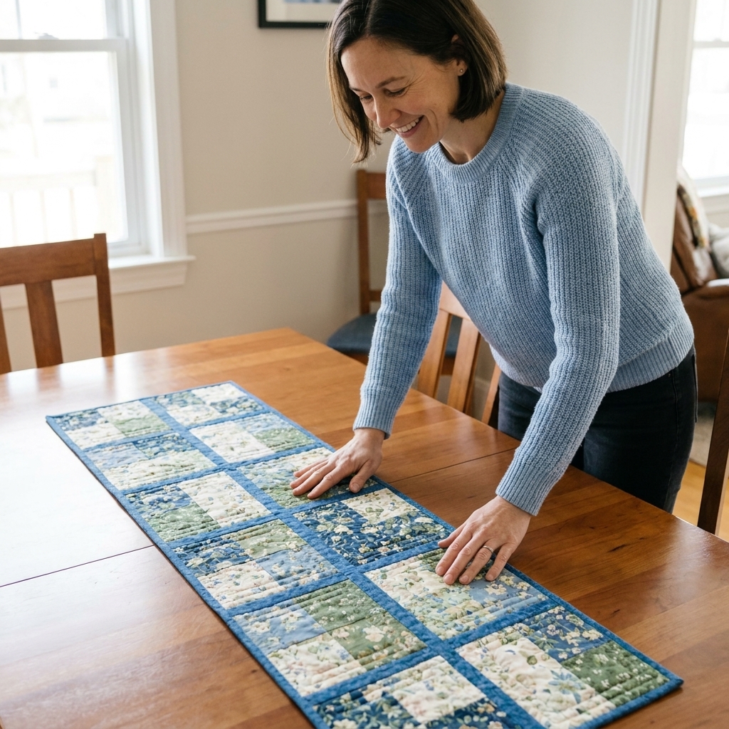 A finished quilt as you go table runner on a wooden dining table with visible quilted sections and neat sashing