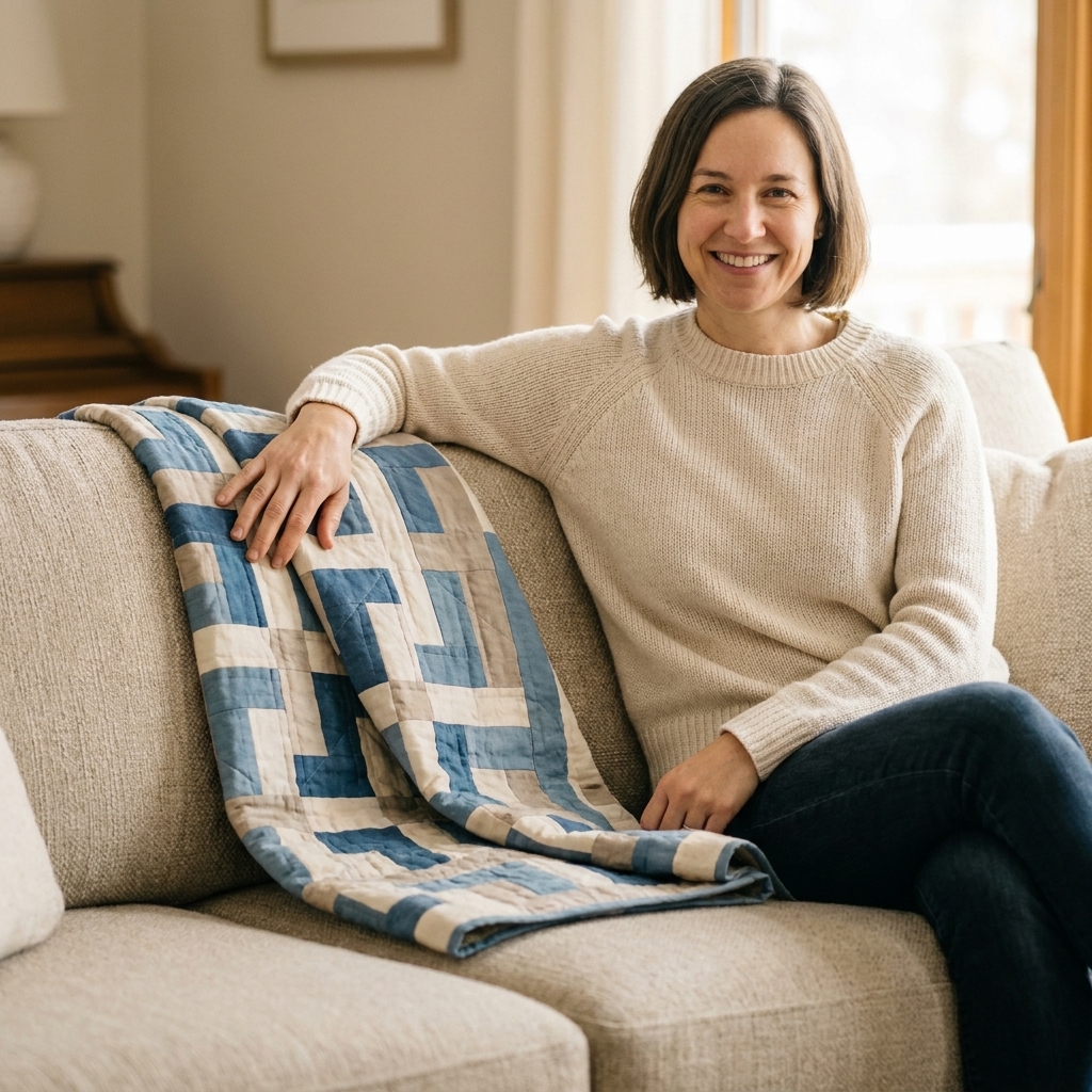 A finished quilt draped over the arm of a sofa with soft folds and a smooth surface, suggesting a low-loft bamboo batting inside