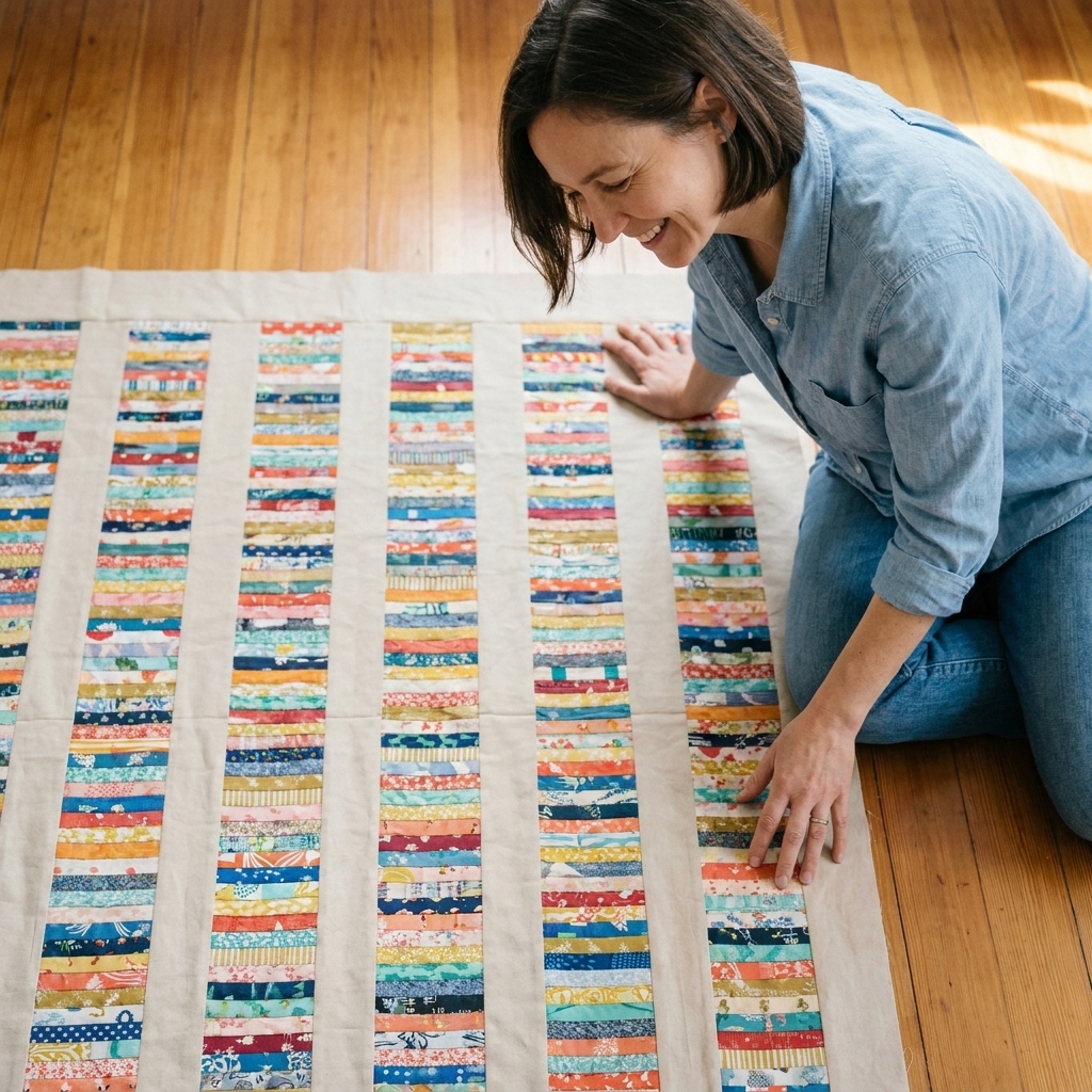 A finished stacked coins quilt top laid flat on a wooden floor, showing colorful coin-like rectangles in vertical rows separated by light neutral fabric