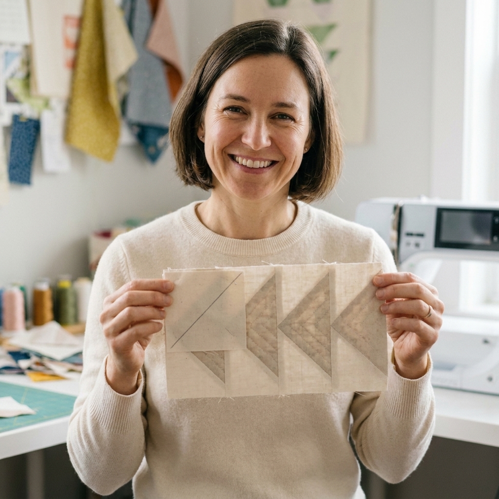 A flying geese rectangle with a small square pinned to one corner, showing a drawn diagonal line ready for stitch-and-flip sewing.
