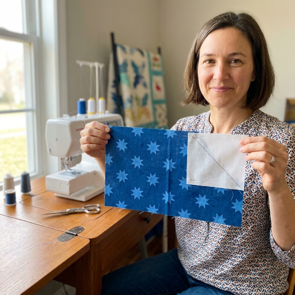 A flying geese unit in progress, with a background square placed on one end of a star-fabric rectangle and a diagonal sewing line marked