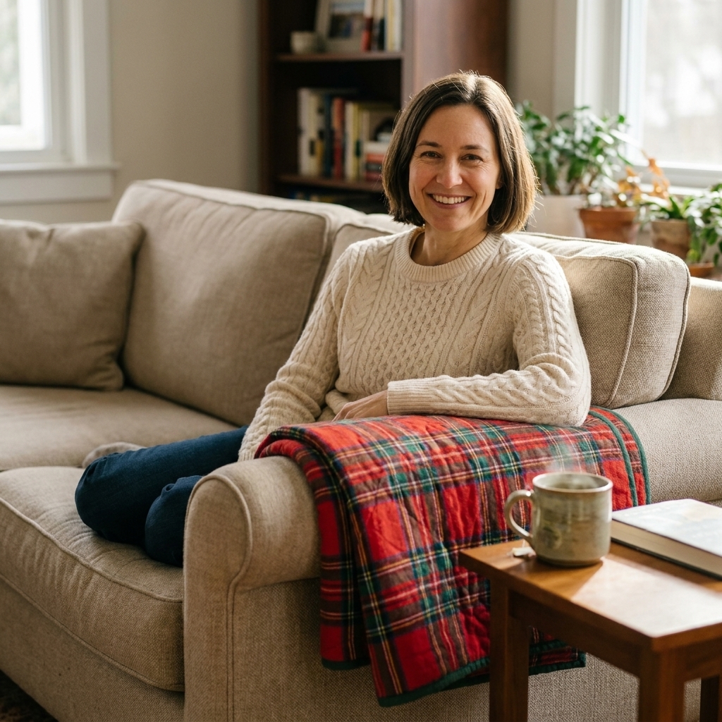 A folded plaid flannel quilt is draped over the arm of a cozy living room sofa, with a mug of herbal tea on a nearby table