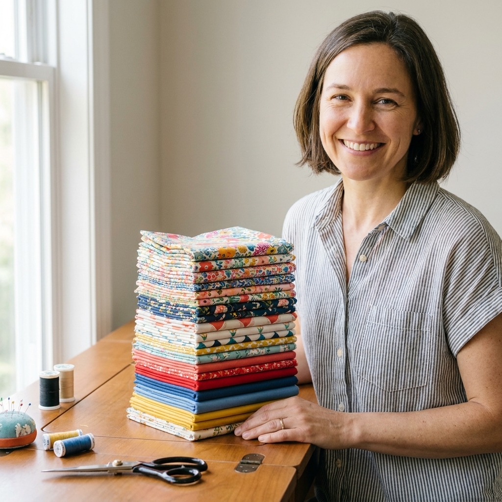 A folded stack of fat quarters in assorted prints and solids, showing the neatly cut folded edges on a sewing table