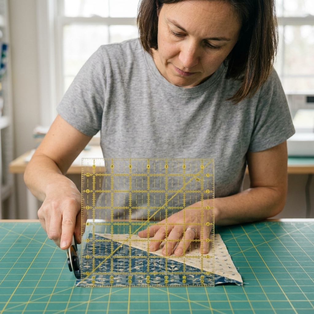 A half square triangle being trimmed with an acrylic square ruler, the 45-degree line aligned with the diagonal seam