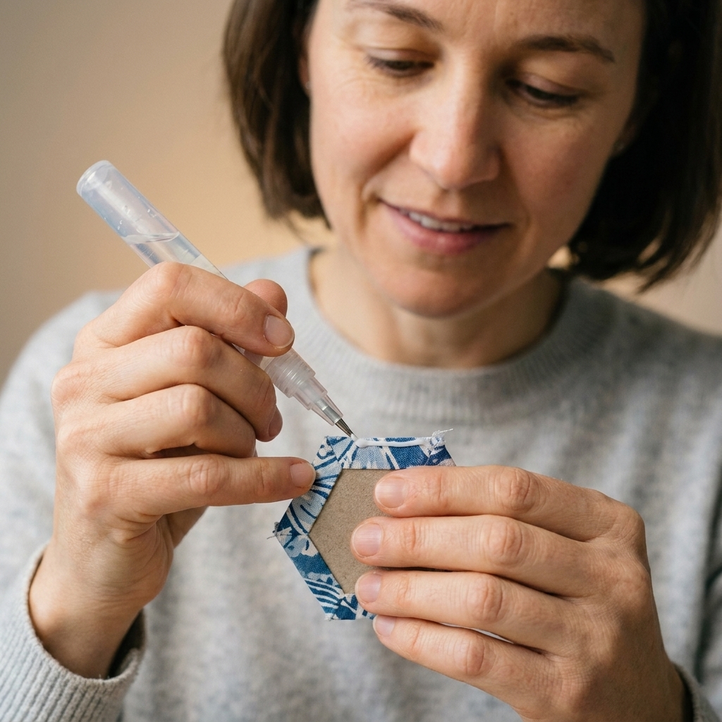 A hand holding a fabric piece wrapped around a paper hexagon while a glue pen applies a thin line along one edge
