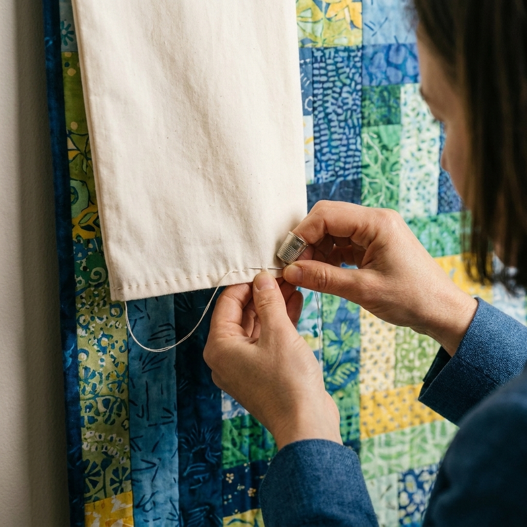 A hand sewing needle making small slip stitches along the bottom edge of a hanging sleeve on the back of a quilt
