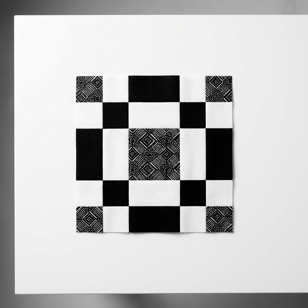 A high-contrast disappearing nine patch quilt block on a white tabletop, showing a framed center effect with crisp geometric lines