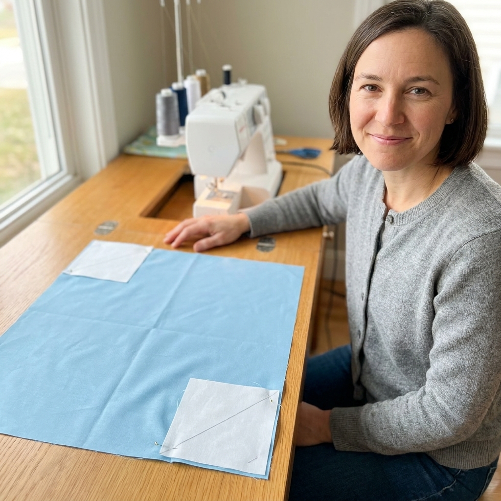 A large fabric square on a sewing table with two smaller marked squares positioned on opposite corners, ready to be sewn for four-at-a-time flying geese.