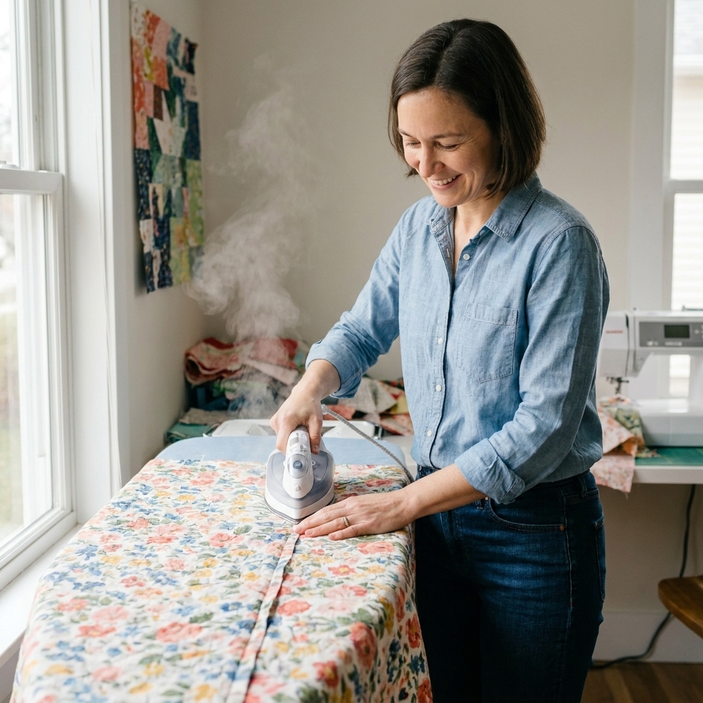 A large quilt backing laid flat on an ironing board with a freshly pressed seam opened and smoothed, steam rising slightly from the iron