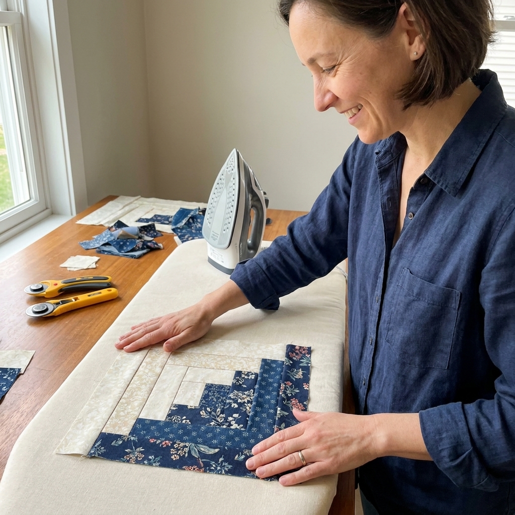 A log cabin quilt block made from 2.5-inch strips, showing alternating light and dark fabric logs neatly pressed on an ironing board