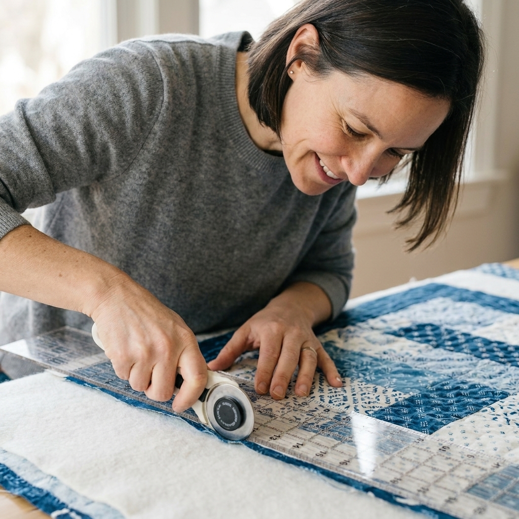 A long acrylic ruler laid along the edge of a quilt sandwich while a rotary cutter trims a thin strip from the side