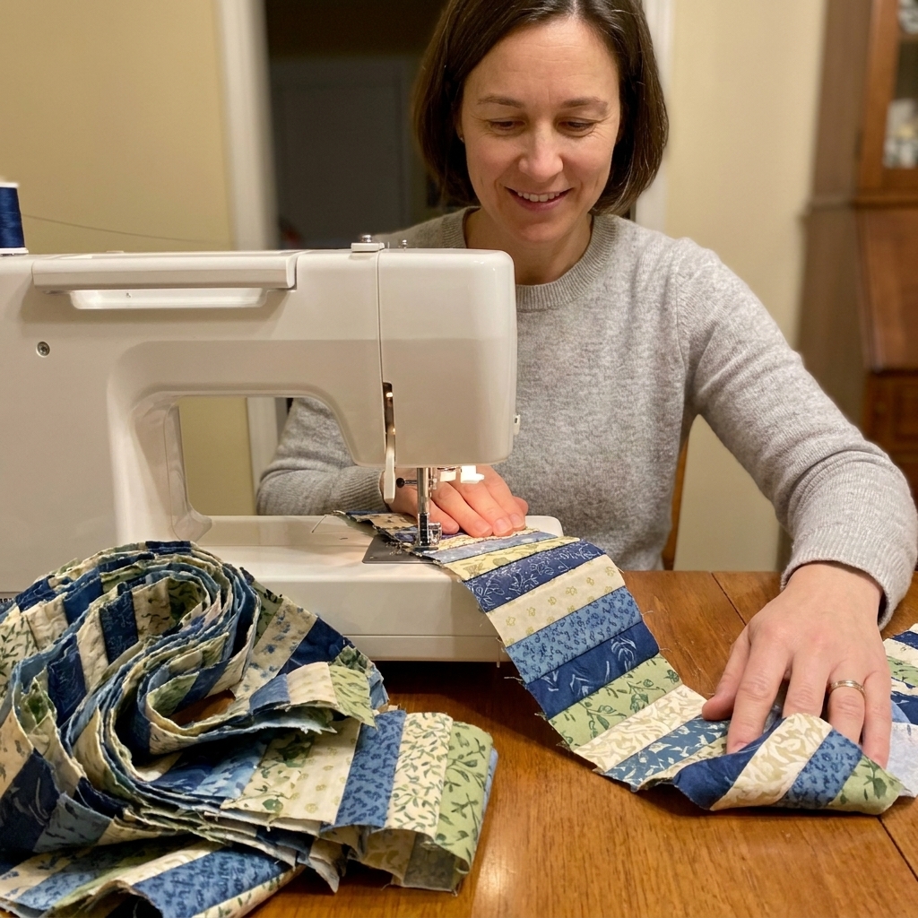 A long jelly roll race quilt strip being fed through a sewing machine, with neatly pressed seams and fabric pooling on the table